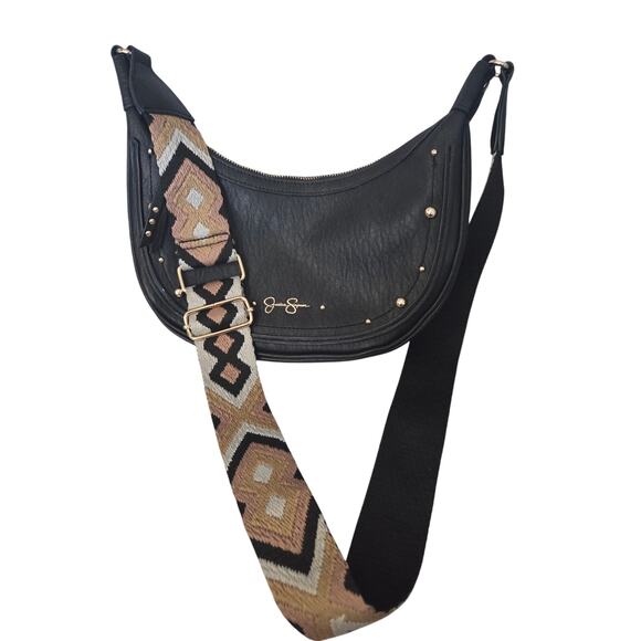 Jessica Simpson Boho Crossbody Southwestern Black Silver Stud Aztec Saddle - Picture 2 of 8